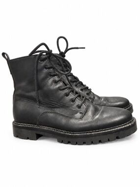Vince Black Leather Lace-Up Lug Sole Boots